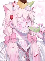 Rule 34 | 1boy, animal ears, bandaged neck, bandages, bandaid, bandaid on cheek, bandaid on face, bandaid on nose, blood, blood on face, cat boy, cat ears, collared shirt, cream, cup, earrings, eyepatch, food, food on head, fruit, gyuing666, hair ornament, hairclip, highres, holding, holding cup, jewelry, long hair, male focus, mask, mask pull, mouth mask, nosebleed, object on head, one eye covered, original, pink hair, pudding, shirt, solo, strawberry, twintails, twitter username, upper body, white shirt