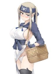 Rule 34 | 1girl, ainu clothes, bandages, bandana, basket, black thighhighs, blonde hair, blush, breasts, commentary request, cosplay, crate, cropped jacket, fundoshi, graf zeppelin (kancolle), grey eyes, head tilt, headband, japanese clothes, kamoi (kancolle), kamoi (kancolle) (cosplay), kantai collection, large breasts, looking at viewer, pelvic curtain, ponytail, sideboob, sidelocks, simple background, solo, standing, thighhighs, twintails, white background, wrist guards, zekkyon