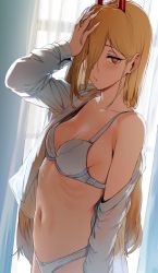 Rule 34 | + +, 1girl, backlighting, bare shoulders, blonde hair, blush, bow, bow panties, bra, breasts, chainsaw man, cleavage, collarbone, cross-shaped pupils, crosshair pupils, curtains, dress shirt, female focus, hair between eyes, hews, highres, horns, large breasts, long sleeves, looking at viewer, medium breasts, open clothes, open mouth, open shirt, orange eyes, panties, power (chainsaw man), red horns, shirt, solo, symbol-shaped pupils, underwear, white bra, white panties, white shirt