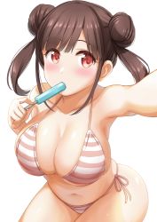 Rule 34 | 1girl, armpits, bare arms, bare shoulders, bikini, blush, breasts, brown hair, cleavage, collarbone, commentary request, double bun, food, hair bun, highres, idolmaster, idolmaster shiny colors, kibihimi, large breasts, looking at viewer, navel, popsicle, reaching, reaching towards viewer, red eyes, side-tie bikini bottom, skindentation, solo, sonoda chiyoko, string bikini, striped bikini, striped clothes, swimsuit, white background