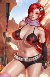 Rule 34 | 1girl, absurdres, bearwitch, bikini, black bikini, black gloves, black shorts, black sleeves, breasts, character request, commission, fingerless gloves, gloves, hair ornament, highres, holding, holding polearm, holding weapon, large breasts, league of legends, long hair, navel, polearm, purple eyes, red hair, scarf, shorts, single thighhigh, skull hair ornament, solo, stomach, swimsuit, tengen toppa gurren lagann, thighhighs, weapon, yoko littner
