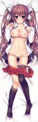 Rule 34 | 1girl, :o, absurdres, bed, bed sheet, black legwear, blush, bra, bra pull, breasts, brown hair, clothes pull, copyright request, dakimakura (medium), frilled bra, frilled panties, frills, from above, full body, groin, highres, hourou zanmai, huge filesize, large breasts, legs, long image, long sleeves, looking at viewer, nipples, on bed, open clothes, open shirt, panties, panty pull, pink bra, pink panties, purple eyes, shiny skin, shirt, side-tie panties, skirt, skirt pull, solo, sorai shin&#039;ya, string panties, takeshita ayumi, tall image, thigh gap, thighhighs pull, twintails, underwear