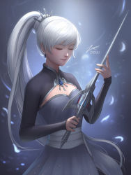 Rule 34 | 1girl, artist name, breasts, closed mouth, commentary, closed eyes, gem, highres, holding, holding sword, holding weapon, long hair, long sleeves, medium breasts, rwby, signature, solo, sword, tagme, very long hair, weapon, weiss schnee, white background, zienu