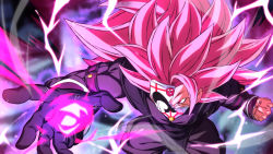 Rule 34 | 1boy, dragon ball, dragon ball heroes, electricity, energy ball, gloves, goku black, long hair, male focus, mask, no eyebrows, one eye covered, pink eyes, pink hair, rom (20), single glove, solo, spiked hair, super saiyan, super saiyan 3, super saiyan rose, time breaker mask