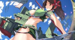 Rule 34 | 10s, 1girl, amagi (kancolle), bare shoulders, breasts, brown eyes, brown hair, cleavage cutout, clothing cutout, cloud, cloudy sky, crop top, curtiss sb2c helldiver, day, from side, hair between eyes, hair ornament, kantai collection, large breasts, leaf, leaf hair ornament, long hair, looking at viewer, machinery, maple leaf, midriff, mole, mole under eye, open mouth, ponytail, shikigami, short sleeves, sky, solo, thighs, tsuuhan