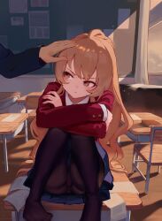 Rule 34 | 1girl, absurdres, aisaka taiga, alternate legwear, black pantyhose, blazer, blue skirt, blush, book, brown eyes, brown hair, bulletin board, chair, classroom, closed mouth, commentary, commentary request, crossed arms, desk, english commentary, evening, headpat, highres, indoors, jacket, knees up, long hair, long sleeves, looking to the side, mixed-language commentary, no shoes, on desk, oohashi high school uniform, pantyhose, paper, pout, red jacket, school chair, school desk, school uniform, sitting, skirt, solo focus, subu art, sunlight, thighband pantyhose, toradora!, v-shaped eyebrows, very long hair, wooden floor