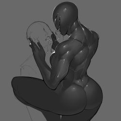 Rule 34 | 1girl, ass, bald, commentary, english commentary, faceless, faceless male, greyscale, height difference, highres, holding another&#039;s head, klyntar, krekkov, leg lock, long tongue, marvel, monochrome, monster girl, muscular, muscular female, no pupils, saliva, saliva trail, sharp teeth, she-venom, solo focus, spoilers, spot color, symbiote, teeth, tongue, tongue out