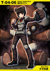 Rule 34 | 1girl, armor, bear paw, black eyes, black footwear, black hair, black shirt, blunt bangs, brown jacket, brown pants, check gender, clenched hands, closed mouth, collared jacket, collared shirt, commentary request, dark background, denim, e.g.o (project moon), employee (project moon), eyelashes, full body, fuzzy clothes, grey armor, happy teddy bear, jacket, jeans, knee pads, lobotomy corporation, long sleeves, looking at viewer, meimaru inuchiyo, necktie, numbered, pants, partial commentary, project moon, red background, red necktie, shirt, shoes, short hair, single shoulder pad, smile, stuffed animal, stuffed toy, stuffing, teddy bear