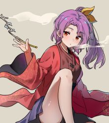 Rule 34 | 1girl, floral print, highres, holding, holding smoking pipe, japanese clothes, kimono, komakusa sannyo, looking at viewer, maisuiren, ponytail, purple hair, purple skirt, red kimono, skirt, smoking pipe, solo, touhou, wide sleeves