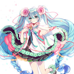 Rule 34 | 1girl, absurdly long hair, aqua hair, bare legs, braid, brown dress, clothing request, commentary, dress, flower, foot out of frame, green eyes, hair flower, hair ornament, hatsune miku, highres, long hair, looking at viewer, magical mirai (vocaloid), magical mirai miku, magical mirai miku (2021), nishina hima, pink flower, poncho, simple background, smile, socks, solo, tagme, twin braids, twintails, very long hair, vocaloid, white background