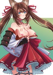 Rule 34 | 1girl, absurdres, animal ears, bare shoulders, blue eyes, breasts, breasts out, brown hair, caleen keemosn, choker, cleavage, commission, detached sleeves, female focus, fox ears, fox girl, fox tail, garter belt, garter straps, hair ribbon, highres, japanese clothes, large breasts, long hair, looking at viewer, miko, multiple tails, nipples, pout, ribbon, runes, solo, star ocean, star ocean anamnesis, tail, thick thighs, thighhighs, thighs, twintails, very long hair, yom1ya