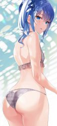 Rule 34 | 1girl, absurdres, ass, back, bare arms, bare shoulders, bikini, blue eyes, blue hair, blue ribbon, blush, breasts, cowboy shot, frilled bikini, frills, from behind, hair ribbon, highres, hololive, hoshimachi suisei, long hair, looking at viewer, looking back, motsunuki, parted lips, plaid, plaid bikini, ribbon, side ponytail, sidelocks, small breasts, solo, standing, swimsuit, virtual youtuber