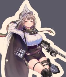 Rule 34 | &gt;:), 1girl, absurdres, arknights, arm up, belt, black cape, black footwear, black shorts, blush, boots, breasts, brown eyes, brown hair, cape, closed mouth, fartooth (arknights), feather hair, feet out of frame, gauntlets, high-waist shorts, highres, holding, holding weapon, large breasts, long hair, long sleeves, looking at viewer, onpa (onpa sound), quiver, shirt, shorts, smile, smug, solo, sword, thigh boots, thigh strap, v-shaped eyebrows, very long hair, visor (armor), weapon, white shirt