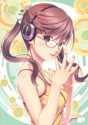 Rule 34 | 1girl, absurdres, blue eyes, brown hair, camisole, glasses, hair ornament, hairpin, headphones, highres, koutaro, nail polish, original, pink nails, ribbon, smile, solo, twintails
