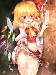 Rule 34 | 1girl, aftersex, ascot, bare shoulders, blonde hair, blush, bow, bow panties, breasts, bush, collar, collared shirt, cosplay, crystal, cum, cum in pussy, cumdrip, detached sleeves, eyes visible through hair, fang, flandre scarlet, frills, hair between eyes, hair bow, hair ornament, hair tubes, hakurei reimu, hakurei reimu (cosplay), hands up, heart, highres, japanese clothes, jewelry, long sleeves, looking at viewer, marukyuu ameya, medium breasts, miko, miniskirt, multicolored wings, nail polish, navel, no headwear, open mouth, panties, ponytail, red bow, red eyes, red nails, red shirt, red skirt, shadow, shirt, short hair, skirt, smile, solo, standing, stomach, sweat, tongue, touhou, underwear, wall, white panties, white sleeves, wide sleeves, wings, yellow ascot