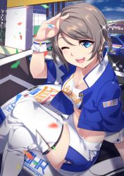 Rule 34 | 1girl, ;d, blue eyes, boots, breasts, car, cleavage, clothes writing, commentary request, confetti, crop top, earrings, grey hair, group name, highres, jacket, jewelry, looking at viewer, love live!, love live! school idol festival, love live! sunshine!!, medium breasts, miniskirt, motor vehicle, one eye closed, open mouth, race queen, race vehicle, racecar, round teeth, salute, short hair, short sleeves, side slit, sitting, skirt, smile, solo, sparkle, teeth, thigh boots, thighhighs, upper teeth only, watanabe you, white footwear, wrist cuffs, yamaori (yamaorimon)