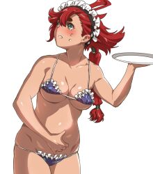 1girl bikini breasts green_eyes gundam gundam_suisei_no_majo hair_tie hairband hand_on_own_stomach keuma low_ponytail maid_bikini maid_headdress medium_breasts micro_bikini purple_bikini red_hair solo standing suletta_mercury swimsuit tears tray unconventional_maid white_background