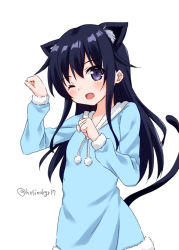 Rule 34 | 1girl, ;d, akatsuki (kancolle), alternate costume, animal ear fluff, animal ears, arm up, bad id, bad pixiv id, black hair, blue hoodie, blush, cat ears, cat girl, cat tail, drawstring, fang, fur-trimmed sleeves, fur trim, hair between eyes, hand up, hood, hood down, hoodie, hoshino kagari, kantai collection, kemonomimi mode, long hair, long sleeves, looking at viewer, one eye closed, open mouth, pom pom (clothes), purple eyes, simple background, smile, solo, tail, twitter username, very long hair, white background