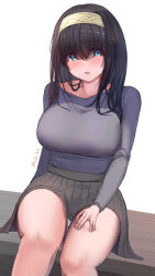 Rule 34 | 1girl, :o, absurdres, bare legs, black hair, blue eyes, blush, breasts, commentary request, feet out of frame, grey shirt, grey skirt, hairband, hand on own thigh, highres, idolmaster, idolmaster cinderella girls, large breasts, looking at viewer, partial commentary, pleated skirt, rufei bot, sagisawa fumika, shirt, shirt tucked in, simple background, sitting, skirt, solo, twitter username, white background, white hairband