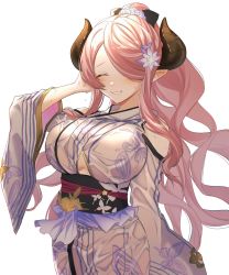 Rule 34 | 1girl, a guseon, breasts, draph, closed eyes, gold trim, granblue fantasy, hair over one eye, highres, horns, japanese clothes, kimono, large breasts, light purple hair, long hair, low tied hair, narmaya (granblue fantasy), pointy ears, ponytail, purple hair, solo, white background, white kimono