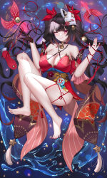 1girl absurdres alternate_breast_size asymmetrical_gloves ayi01 barefoot bell black_hair breasts brown_gloves chest_tattoo cleavage closed_mouth eyebrows_hidden_by_hair feet fox_mask full_body gloves highres honkai:_star_rail honkai_(series) jingle_bell large_breasts legs long_hair looking_at_viewer mask mole mole_under_each_eye mole_under_eye multiple_moles nail_polish neck_bell one_eye_closed pink_eyes red_footwear sandals smile soles solo sparkle_(honkai:_star_rail) sweat tattoo toenail_polish toenails toes twintails unworn_footwear unworn_headwear unworn_sandals very_long_hair