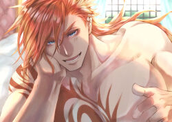 Rule 34 | 1boy, bed, blue eyes, chest tattoo, chinenkun, close-up, collarbone, hand on own cheek, hand on own face, heracles (shuumatsu no valkyrie), highres, long hair, looking at viewer, lower teeth only, male focus, muscular, muscular male, open mouth, orange hair, pectorals, shuumatsu no valkyrie, solo, sunlight, tattoo, teeth, topless male, window