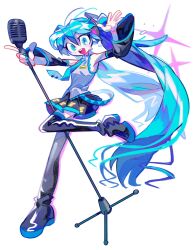 Rule 34 | 1girl, absurdres, black footwear, black skirt, black sleeves, blue eyes, blue hair, blue nails, blue necktie, boots, breasts, detached sleeves, five munjyee, grey shirt, hair between eyes, hand up, hatsune miku, highres, holding, holding microphone stand, leg up, long hair, long sleeves, looking at viewer, microphone stand, miniskirt, nail polish, necktie, open mouth, pleated skirt, shirt, simple background, skirt, sleeveless, sleeveless shirt, small breasts, smile, solo, standing, standing on one leg, thigh boots, twintails, very long hair, vocaloid, white background
