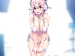 Rule 34 | 1girl, bikini, blush, breasts, cleavage, cowboy shot, groin, hands on own thighs, headphones, highres, large breasts, leaning forward, legs, long hair, looking at viewer, navel, nitroplus, open mouth, pink hair, red eyes, simple background, smile, solo, standing, string bikini, super sonico, swimsuit, thigh gap, thigh strap, thighs, thong, v-mag, white bikini