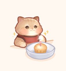 Rule 34 | :3, animal, animal focus, artist name, blush, bowl, brown eyes, candle, cat, closed mouth, commentary request, fire, food, highres, kapebeansies, muffin, no humans, original, photo-referenced, shadow, simple background, sleeveless, sparkle, upper body