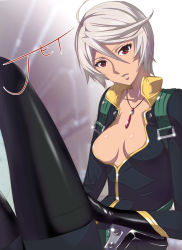 Rule 34 | 10s, 1girl, ahoge, bad id, bad pixiv id, bodysuit, breasts, cleavage, jet yowatari, jewelry, necklace, red eyes, short hair, silver hair, solo, uchuu senkan yamato, uchuu senkan yamato 2199, uniform, yamamoto akira