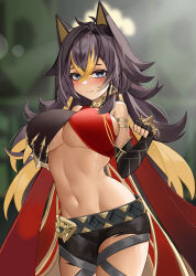 1girl absurdres animal_ears armlet bare_shoulders black_gloves black_hair black_shirt black_shorts blonde_hair blue_eyes blurry blurry_background blush breasts cape cat_ears cat_girl claws cropped_shirt dark-skinned_female dark_skin dehya_(genshin_impact) dot_nose elbow_gloves female_focus fingerless_gloves genshin_impact gloves grabbing_own_breast hand_up hei_tudou highres jewelry large_breasts long_hair looking_at_viewer midriff mihoyo multicolored_hair naughty_face navel red_cape red_shirt shirt shorts sleeveless sleeveless_shirt smile solo streaked_hair two-tone_hair two-tone_shirt underboob