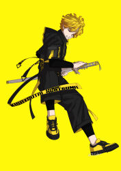 Rule 34 | 1boy, absurdres, agatsuma zenitsu, alternate costume, black pants, black sweater, blonde hair, character name, clenched teeth, closed eyes, contemporary, full body, gradient hair, highres, holding, holding sheath, holding sword, holding weapon, hood, hooded sweater, kake hashi3, kimetsu no yaiba, layered sleeves, long sleeves, male focus, multicolored hair, orange hair, pants, sheath, sheathed, shoes, short over long sleeves, short sleeves, simple background, sneakers, solo, sweater, sword, teeth, twitter username, weapon, yellow background, yellow footwear