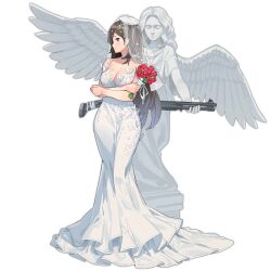 Rule 34 | 1girl, angel statue, bare shoulders, benelli m4 super 90, bouquet, breasts, bridal veil, brown hair, cleavage, closed mouth, crossed arms, ddal, dress, flower, full body, girls&#039; frontline, gun, holding, holding bouquet, large breasts, light blush, long dress, long hair, looking at viewer, looking to the side, m1014, m1014 (girls&#039; frontline), m1014 (heartbeat before the angel statue) (girls&#039; frontline), official alternate costume, official art, profile, red eyes, red flower, red rose, rose, shotgun, simple background, solo, standing, statue, transparent background, veil, very long hair, weapon, wedding dress, white dress