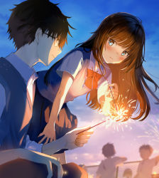 Rule 34 | 1boy, 1girl, 3others, blue eyes, blue sky, blurry, blurry background, blush, brown hair, closed mouth, collared shirt, commentary request, fireworks, glasses, highres, holding, holding fireworks, leaning forward, long hair, looking at another, multiple others, neck ribbon, original, outdoors, red ribbon, ribbon, school uniform, shirt, short hair, short sleeves, skirt, sky, sparkler, sweater vest, white shirt, yukimaru nun