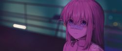 Rule 34 | 1girl, absurdres, bandaid, bandaid on face, bandaid on nose, blade runner 2049, blue eyes, blurry, blurry background, bocchi the rock!, carlo montie, closed mouth, goslingposting (meme), gotoh hitori, highres, jacket, long hair, pink hair, portrait, sidelocks, signature, solo, track jacket