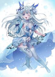 Rule 34 | 1girl, absurdres, breasts, feathers, hair ribbon, han (ateez hncrn), highres, indie virtual youtuber, mikazuki silvi, navel, one eye closed, open mouth, owl ears, owl girl, ribbon, skirt, small breasts, snowflakes, solo, virtual youtuber, white hair