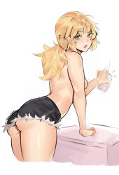 Rule 34 | 1girl, absurdres, against table, ahoge, alternate costume, alternate hairstyle, ass, back, beer can, black shorts, blonde hair, breasts, can, commentary, cropped legs, cutoffs, deccatezu, denim, denim shorts, drink can, english commentary, fate/apocrypha, fate/grand order, fate (series), from side, green eyes, hair between eyes, hair tie, halftone, halftone background, highres, holding, holding can, leaning forward, long hair, looking at viewer, looking back, low ponytail, median furrow, messy hair, mordred (fate), mordred (fate/apocrypha), open mouth, parted bangs, short shorts, shorts, sideboob, sidelocks, small breasts, standing, table, teeth, topless, twitter username, upper teeth only, white background