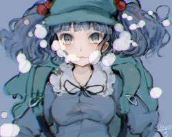 Rule 34 | 1girl, backpack, bag, blue background, blue eyes, blue hair, bow, bubble, blowing bubbles, dated, hair bobbles, hair ornament, kawashiro nitori, lips, long sleeves, looking at viewer, matching hair/eyes, meiji (charisma serve), shirt, short hair, simple background, solo, touhou, twintails, two side up, underwater