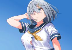 Rule 34 | 1girl, aoi tiduru, bad id, bad twitter id, blue background, blue eyes, breasts, chromatic aberration, commentary request, gloves, gradient background, hair ornament, hair over one eye, hairclip, hamakaze (kancolle), kantai collection, large breasts, looking to the side, neckerchief, no bra, school uniform, serafuku, short hair, short sleeves, silver hair, solo, upper body, white gloves, yellow neckerchief