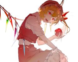 Rule 34 | 1girl, apple, blonde hair, corallo, crystal, flandre scarlet, food, fruit, hat, head tilt, holding, holding food, holding fruit, knees, looking at viewer, lower teeth only, mob cap, open mouth, pointy ears, red apple, red eyes, short sleeves, sidelighting, simple background, sitting, skirt, solo, teeth, touhou, vest, white background, wings, ||/
