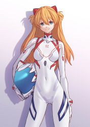 Rule 34 | 1girl, absurdres, blue eyes, bodysuit, breasts, closed mouth, commentary request, covered navel, evangelion: 3.0+1.0 thrice upon a time, gluteal fold, helmet, highres, holding, holding helmet, interface headset, ka ki o, long hair, looking at viewer, medium breasts, neon genesis evangelion, no eyepatch, official alternate costume, orange hair, pilot suit, plugsuit, rebuild of evangelion, science fiction, simple background, smile, solo, souryuu asuka langley, standing, unworn headwear, unworn helmet, white background, white bodysuit