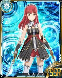 Rule 34 | 10s, 1girl, brown eyes, brown gloves, card (medium), dual wielding, eyebrows, gloves, holding, holding sword, holding weapon, long hair, looking at viewer, maid headdress, rain (sao), red hair, red shorts, shorts, smile, solo, star (symbol), sword, sword art online, thighhighs, weapon, white thighhighs