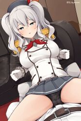 Rule 34 | 1girl, 1other, befu, belt, beret, black headwear, black panties, blue eyes, blush, breasts, brown belt, collared shirt, couch, epaulettes, gloves, grey hair, grey shirt, grey skirt, hat, highres, jacket, kantai collection, kashima (kancolle), large breasts, long hair, long sleeves, looking at viewer, military uniform, open mouth, panties, pleated skirt, shirt, skirt, twintails, twitter username, underwear, uniform, white gloves, white jacket