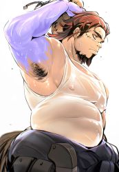 Rule 34 | 1boy, bags under eyes, bara, boogeyman (housamo), brown hair, colored skin, commentary request, facial hair, goatee, highres, isuke, long sideburns, male focus, mature male, multicolored hair, muscular, muscular male, purple skin, red eyes, scar, scar on face, sideburns, solo, tokyo houkago summoners