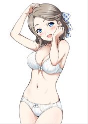 Rule 34 | 10s, 1girl, arms up, blue eyes, blush, bow, bow bra, bow panties, bra, breasts, brown hair, cleavage, collarbone, commentary request, cowboy shot, hair ornament, hair ribbon, hairclip, hand on own face, hand on own head, head tilt, highres, looking at viewer, love live!, love live! sunshine!!, medium breasts, navel, open mouth, panties, polka dot, polka dot ribbon, ribbon, sankuro (agoitei), short hair, simple background, smile, solo, underwear, underwear only, watanabe you, white background, white bra, white panties