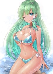 Rule 34 | 1girl, ;), aqua bikini, bare arms, bare shoulders, barefoot, bikini, blue eyes, breasts, frog hair ornament, green hair, green nails, hair ornament, kneeling, kochiya sanae, large breasts, long hair, looking at viewer, nail polish, navel, one eye closed, simple background, smile, snake hair ornament, solo, stomach, swimsuit, tan, tanline, thighs, touhou, very long hair, white background, y2