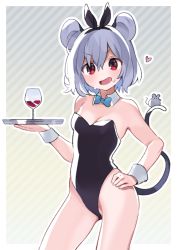 Rule 34 | 1girl, akagashi hagane, alcohol, alternate costume, animal ears, bare arms, bare shoulders, beige background, black hairband, blue bow, blue bowtie, border, bow, bowtie, breasts, cleavage, commentary request, cowboy shot, cup, detached collar, diagonal stripes, drinking glass, fake animal ears, gradient background, grey background, grey hair, hair between eyes, hairband, hand up, heart, holding, holding tray, leotard, looking at viewer, mouse (animal), mouse ears, nazrin, open mouth, outline, outside border, playboy bunny, rabbit ears, red eyes, small breasts, smile, solo, standing, striped, striped background, sweat, thighs, touhou, tray, v-shaped eyebrows, white border, white outline, wine, wine glass, wrist cuffs