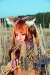 Rule 34 | animal ears, cosplay, cosplay photo, covering privates, crazyrabbit, holo, holo (cosplay), long hair, nude, nude cover, photo (medium), red hair, solo, spice and wolf