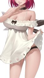 Rule 34 | 1girl, absurdres, black panties, breasts, choker, cleavage, clothes lift, crystal wings, dress, finger to mouth, highres, hololive, hololive english, irys (casualrys) (hololive), irys (hololive), lace-trimmed choker, lace trim, official alternate costume, open mouth, panties, panty peek, red hair, see-through, see-through dress, short hair, simple background, skirt, skirt lift, smile, solo, somebody (leiking00), underwear, virtual youtuber, white background, white dress