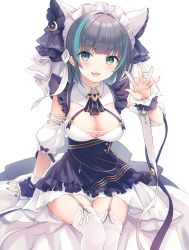 Rule 34 | 1girl, :d, azur lane, bad id, bad pixiv id, blue dress, blue eyes, blue hair, blue nails, blush, breasts, cheshire (azur lane), cleavage, clothing cutout, commentary request, crescent, dress, fang, feet out of frame, frilled dress, frills, garter straps, grey hair, hand up, highres, kanora, looking at viewer, medium breasts, multicolored hair, nail polish, open mouth, puffy short sleeves, puffy sleeves, short sleeves, shoulder cutout, sitting, smile, solo, streaked hair, thighhighs, white background, white thighhighs, wrist cuffs